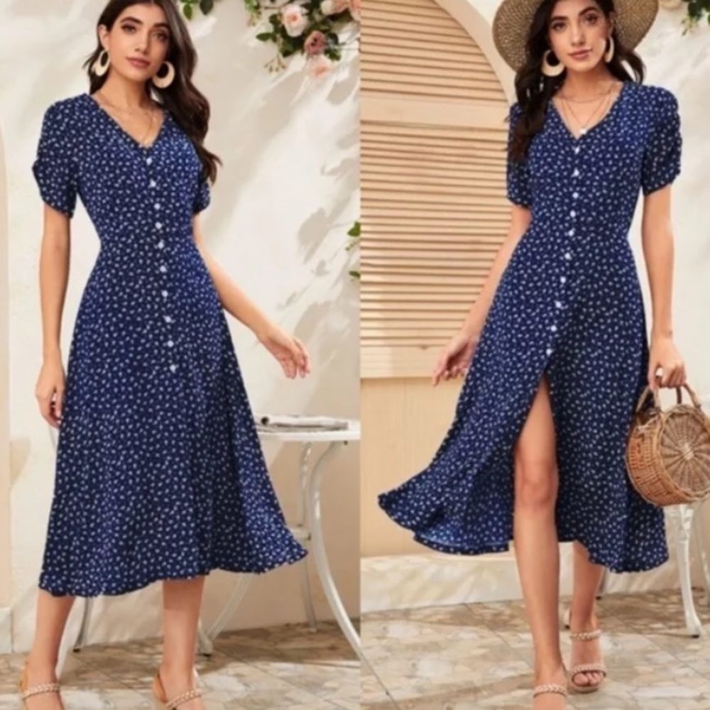 Boho Green floral print button up v neck dress - Picture 6 of 6